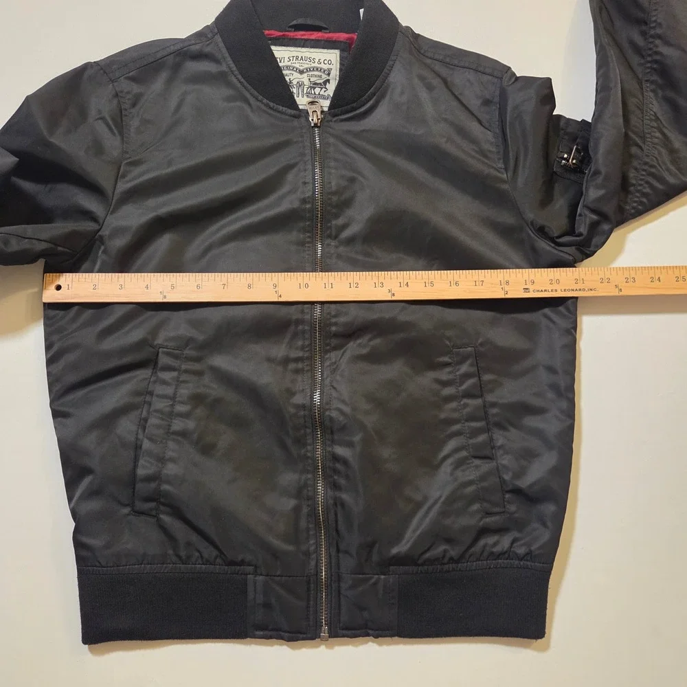 Levis Mens Black Bomber Jacket Flight MA-1 Style Red Lining Small
